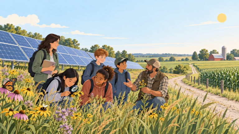 Community solar array beside Illinois farmland with students visiting an educational site; no company logos or branded signage