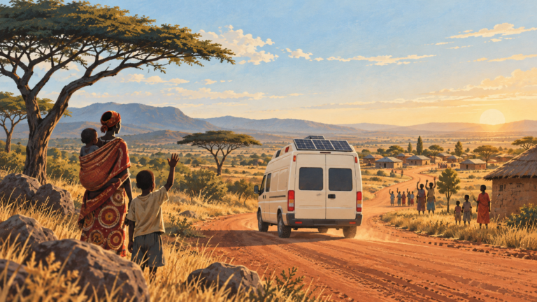 Solar-equipped ambulance travels a rural road toward a community.