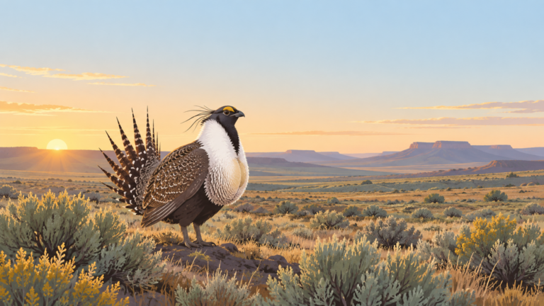 Greater sage-grouse in open sagebrush habitat at sunrise, with a wide unbroken landscape