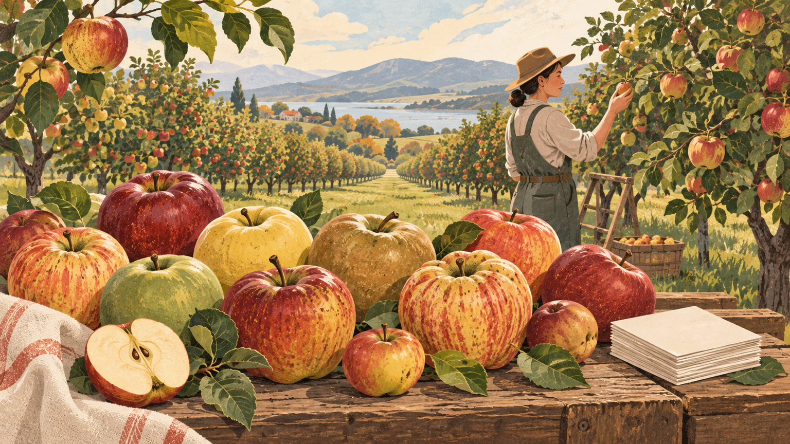 Heirloom apples, orchard rows, and a gardener examining a tree.