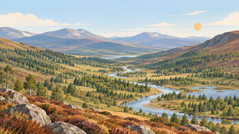 Young native woodland spreading across a wide Scottish landscape, with subtle aerial-map lines and no visible text