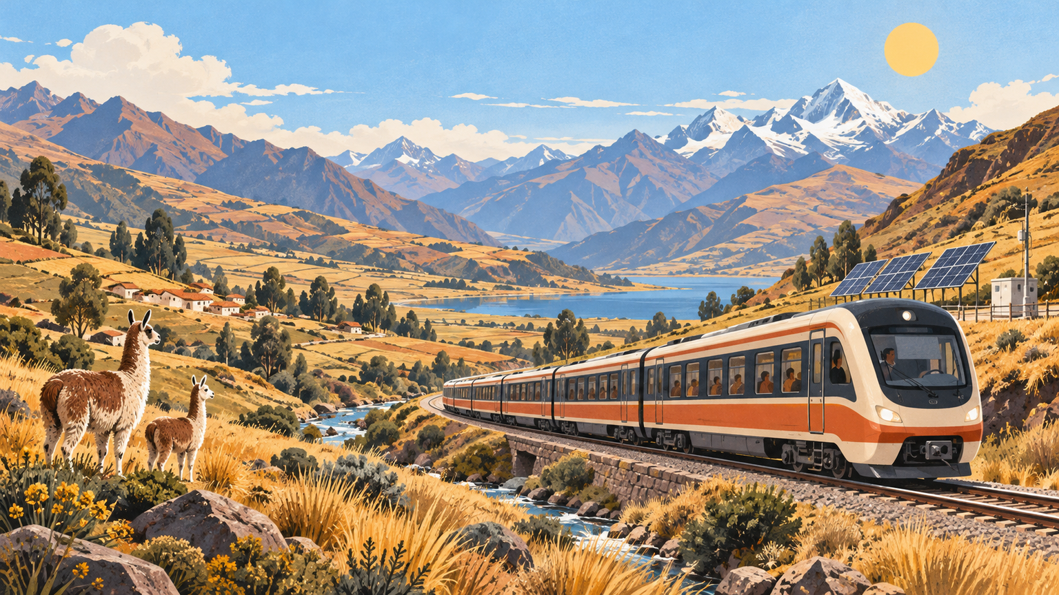 Regional train crosses the Andean landscape beneath bright sunlight.