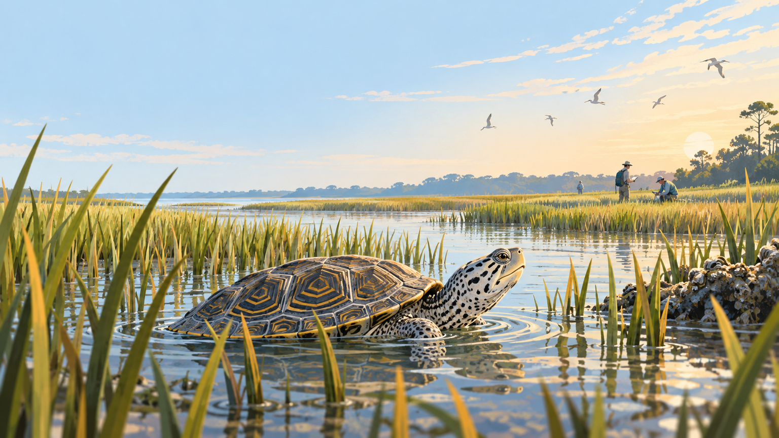 Diamondback terrapin moving through a northeast Florida marsh with researchers and volunteers represented respectfully in the distance