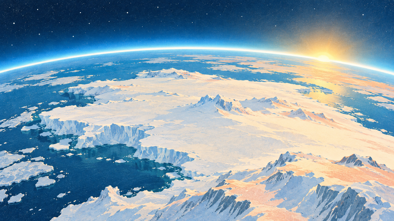 Earth’s atmosphere glows above Antarctica with a clean blue ozone layer.