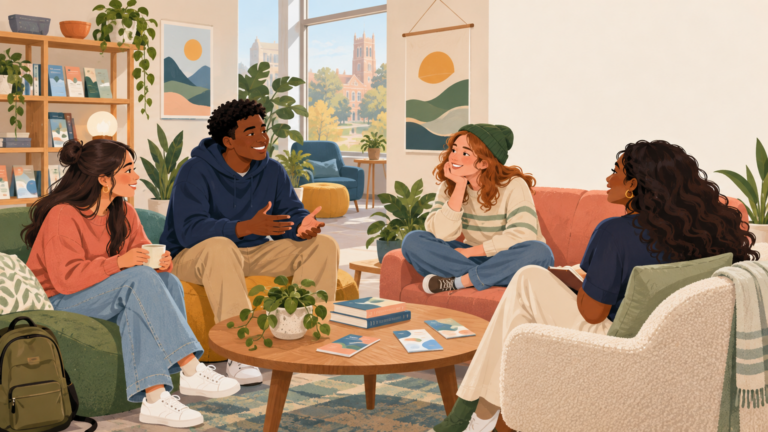 Welcoming campus wellness lounge with students in conversation and resource materials present but unreadable; no crisis imagery