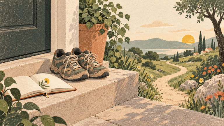 Walking shoes, an open notebook, and a small path symbolize a durable habit.