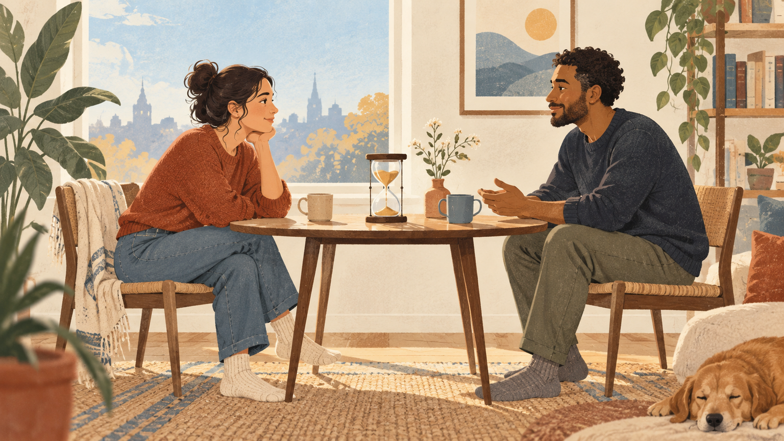 Two people share a quiet table with an hourglass between pause and return.