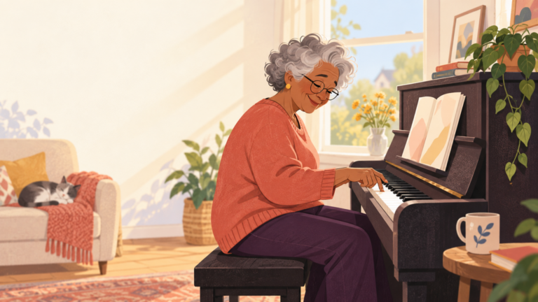 An older adult beginner exploring music at a piano in a sunlit room.