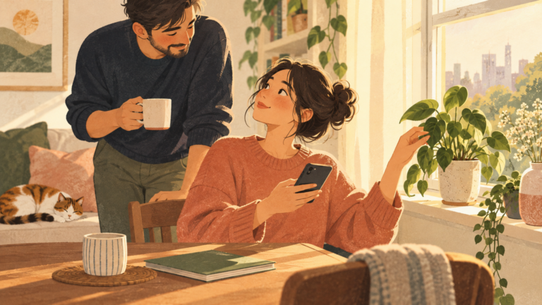 Person looks up from a phone to notice a loved one and a plant.