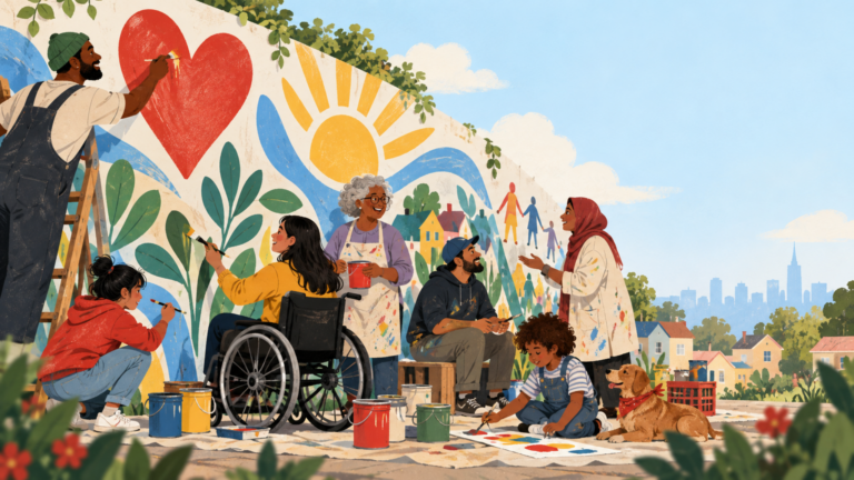 Neighbors working together on a colorful community art project.