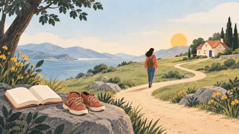 Person returns along a winding path toward home, a book, and walking shoes.