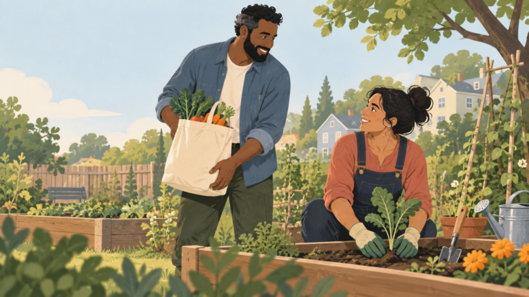 Two adults helping one another with an everyday task in a garden.