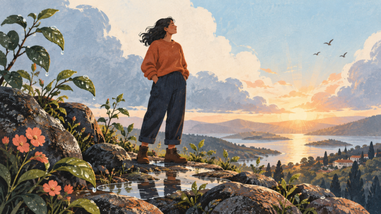 Resilient person stands after rain with supportive plants and a warm horizon.