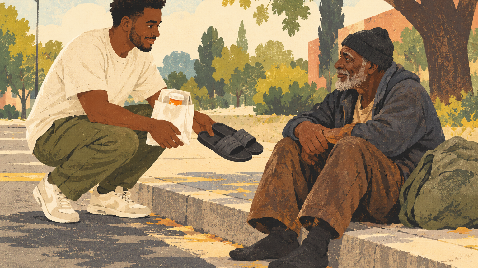 Jordan Hope gives a stranger his shoes, then helps him get home